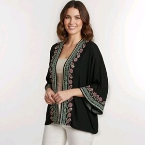 Angie Women's Black Floral Embroidery Short Kimono Top Size S